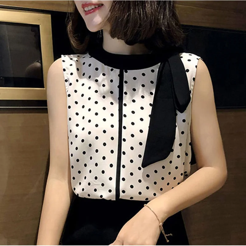 

Stylish Spliced Loose Bow Lace Up Chiffon Blouse Women Clothing 2023 Summer New Casual Pullovers Sleeveless Office Lady Shirt