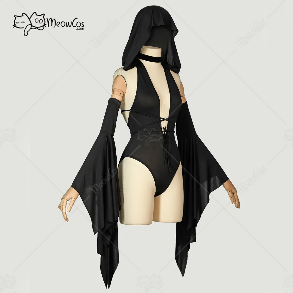 MEOWCOS Women's Bodysuit Gothic Hoodied Onesie Halloween Cosplay Costume with Bell Sleeves - Image 3