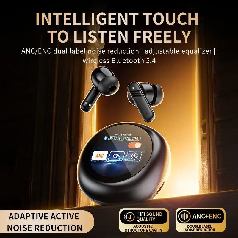 New Bluetooth Earphones Touch Round Screen ANC+ENC Double Label Noise Cancelling Tws Wireless Earbuds with Smart Display Screen