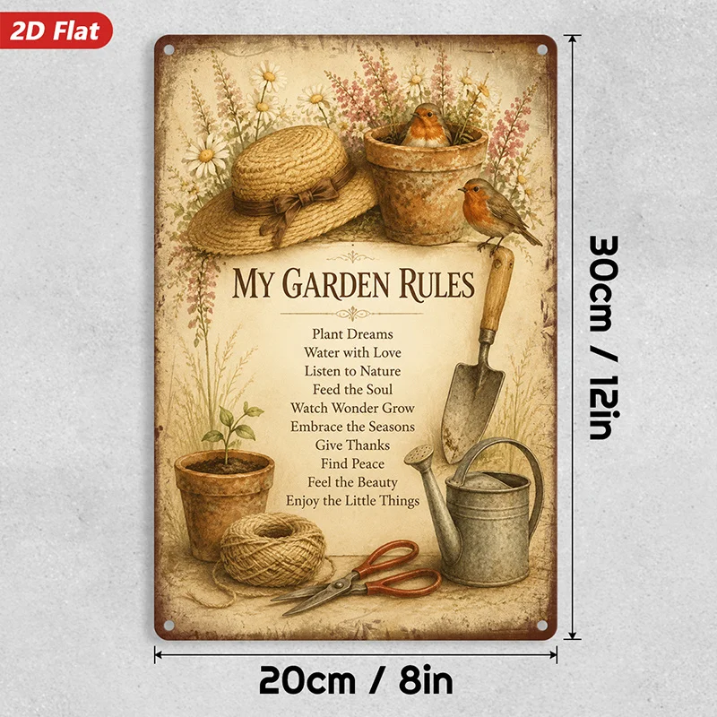 2D Flat, 1pc Garden Rules Metal Sign Wall Art, Straw Hat And Flower Pot, Robin Birds And Trowel, Watering Can And Seedling,
