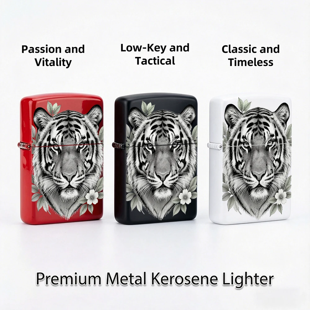 Vintage Flip Top Lighter lighters vintage Monochrome Tiger Head With Floral Leaves Wildlife Sketch Print lighters for smokers