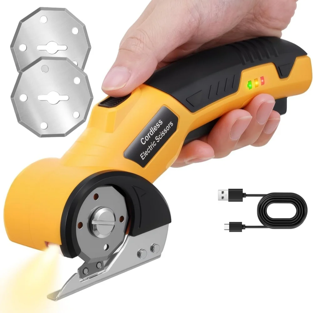 Kabellose elektrische Schere, 4 V, wiederaufladbarer elektrischer Kartonschneider, Stoffschere mit Ersatzklinge, Sicherheitsschloss und LED-Licht