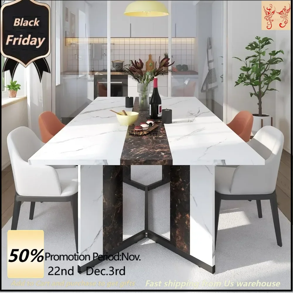 Large rectangular white dining table with 35 marble wood moisture barrier, adjustable legs, 6 feet luxury family dining table