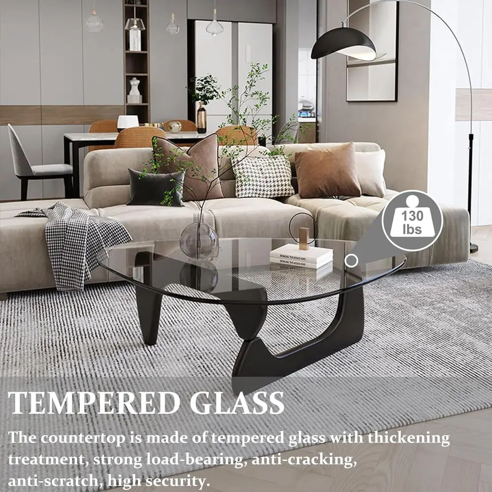 طاولة قهوة على شكل زجاجي مثلث مع قاعدة من الخشب الطبيعي لمساحات المعيشة والمكاتب (أسود/بني، متوسط، 35.8 × 25.5 × 16 بوصة)