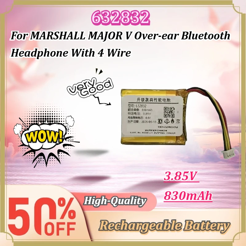New 632832 3.85V 830mAh With 4 Wire Rechargeable Battery for MARSHALL MAJOR V Over-ear Bluetooth Headphone Replacement Battery