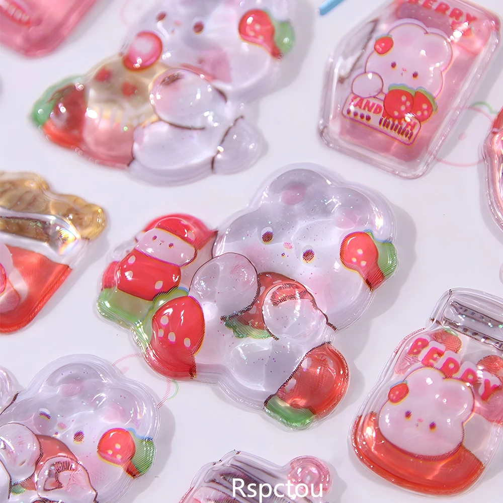 4pcs Kawaii Strawberry Rabbit Cartoon 3D Relief Stickers Cute Crystal Decoration Sticker DIY Suitcase Laptop Decals Reward Gifts