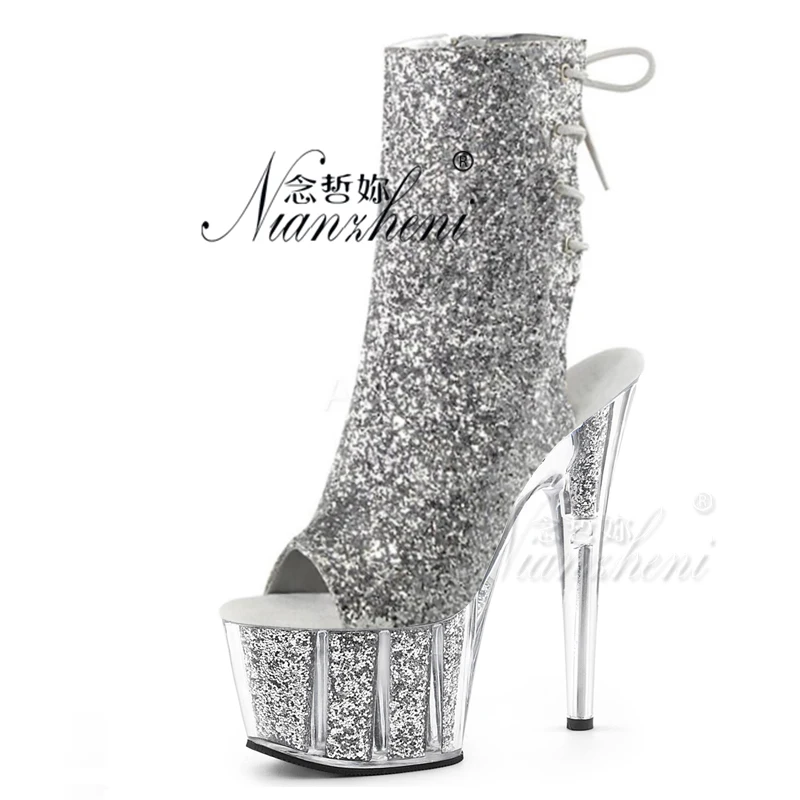 7nch High Heels Exotic 18cm Silver platform Dress Pole Dance tacosto dance Open Toe bling crystal Glitter Lace Up Gold Stripper