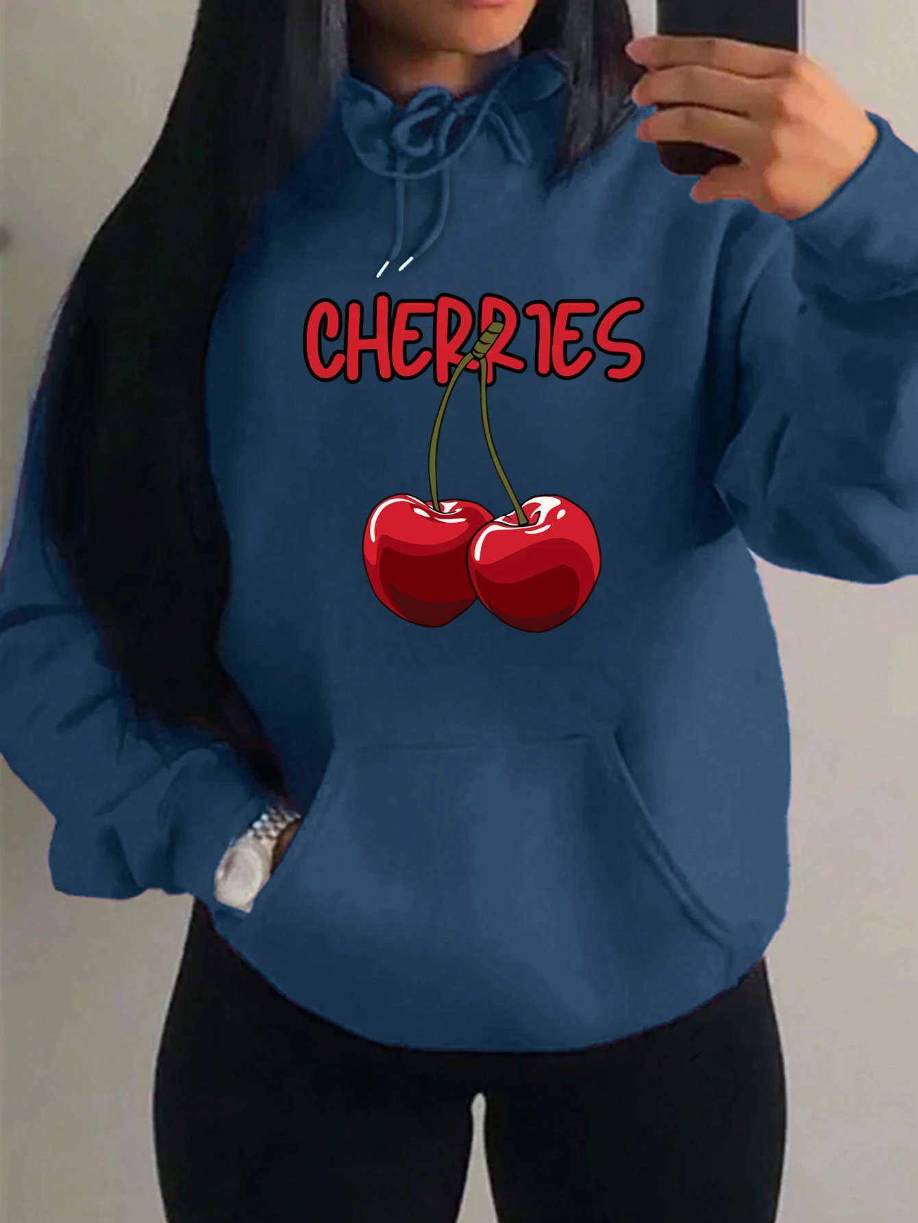 

Cherries Cartoons Printed Female Hoodie Street Style Casual Y2K Womenswear Fashion Fleece Hoody Casual Multicolor Pullover