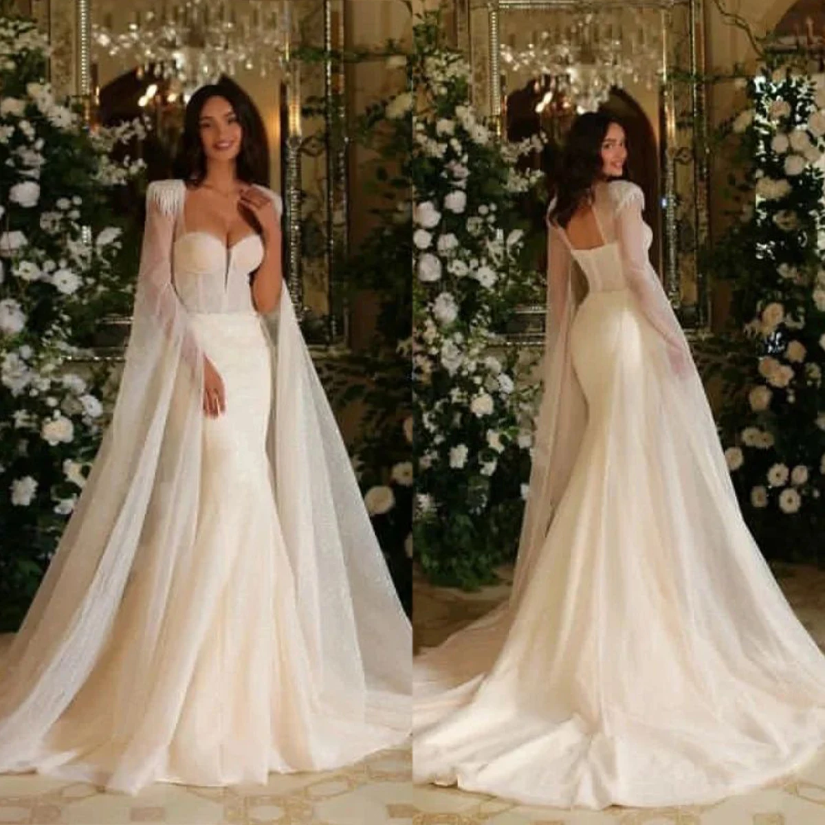 

Luxury Mermaid Wedding Dresses Sweetheart Long Sleeves Tulle Bridal Gowns Custom Made Backless Sweep Train Robe De Mariee