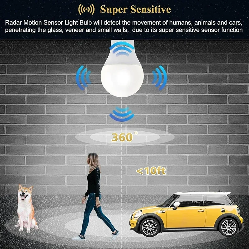 Sensore di movimento Radar LED lampadina controllo della luce lampada da Garage E26/27 bianco freddo per scale Pathway Warehouse Graden 85-265V