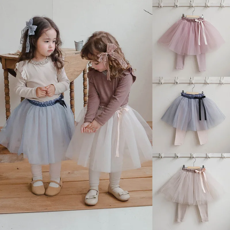 

Girls Skirts 2025 Autumn New Children and Girls Mesh Bow Elastic Waist Fake Two-piece Culottes