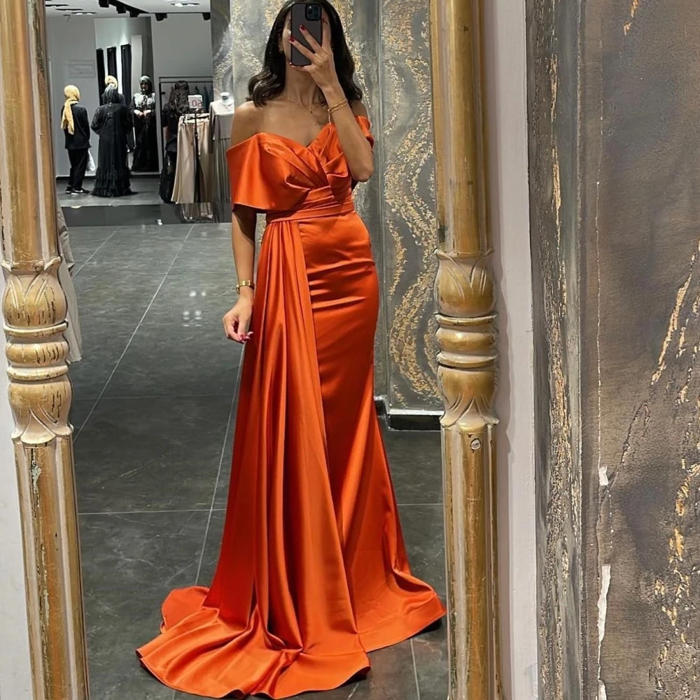 Vestidos de Noche de satén con hombros descubiertos para mujer, vestidos de noche con espalda descubierta plisados femeninos, elegantes vestidos formales de fiesta para invitados de boda