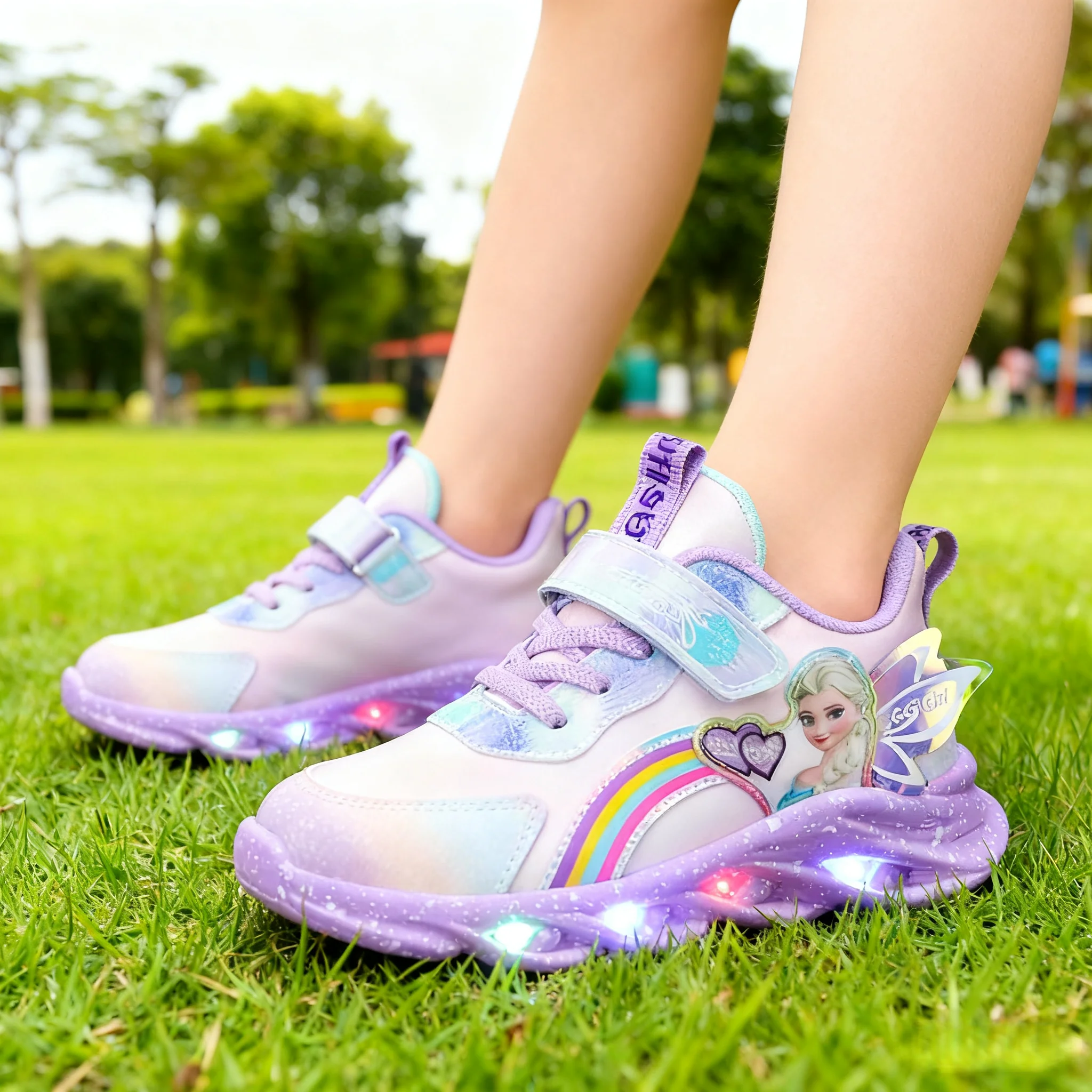 

Disney Girls' Casual Shoes Led Lights Mesh Breathable Children's Sports Princess Elsa Pink Purple Shoes Sneakers Size 22-35