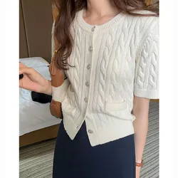 Cropped Short Sleeve 100% Wool Cable Cardigan Sweater Women