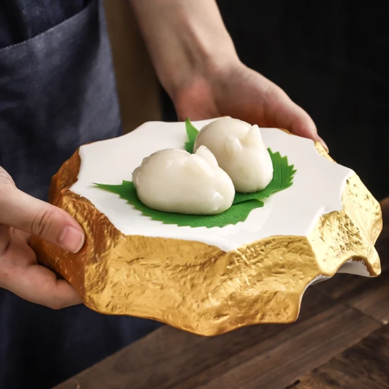 

Japanese-style Stone Pattern Special-shaped Ceramic Plate Main Course 8.57 Inch Dinner Plate Thick-sided Plate Retro Tableware