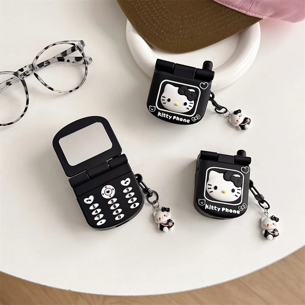 New Flip Phone Style Animation Super Cute Black Hello kitty Cartoon Silicone Headphone Cover For Airpods 4,3,2,1,Pro,Pro2