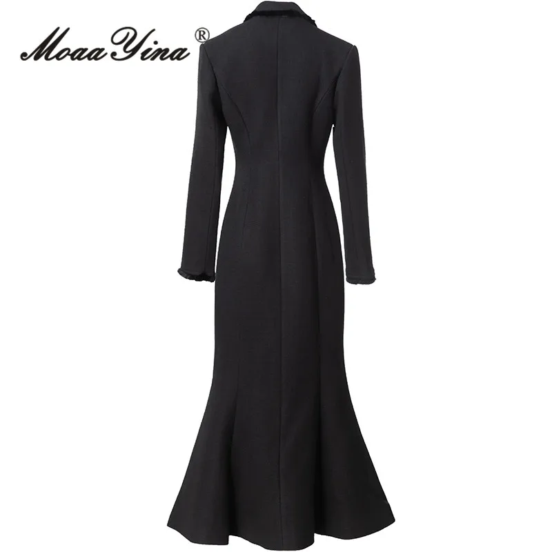 MoaaYina Autumn/Winter Designer Coat Women Notched Fashion Double breasted Long-Sleeved Black Slim Fit S-3XL Long Overcoat