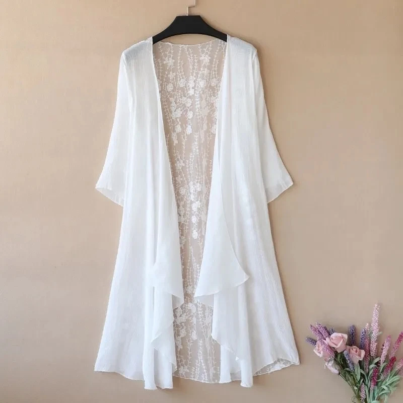 Women Chiffon Tunic Kimono Cardigan Lace Long Shirt Ruffles Hollow Out Loose Ladies Cardigans Spring Summer Shirts Female