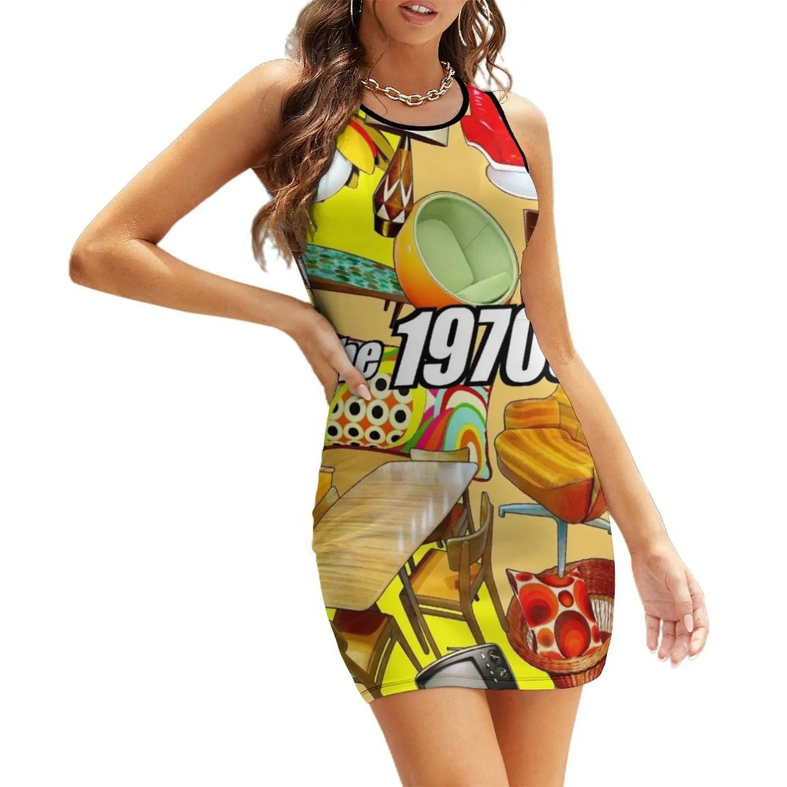 

1970s furniture on tan and yellow Sleeveless Sundress Dress for girls summer dress daily