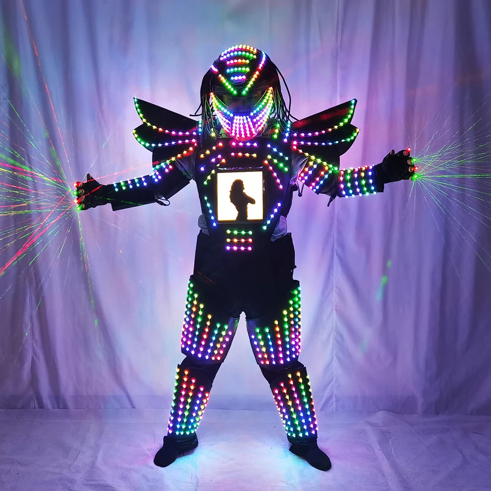 Pixels LED Robot Suit, Full Color Change, Stage Show, Singer Party Performance Wear, Helmet with Laser Gloves