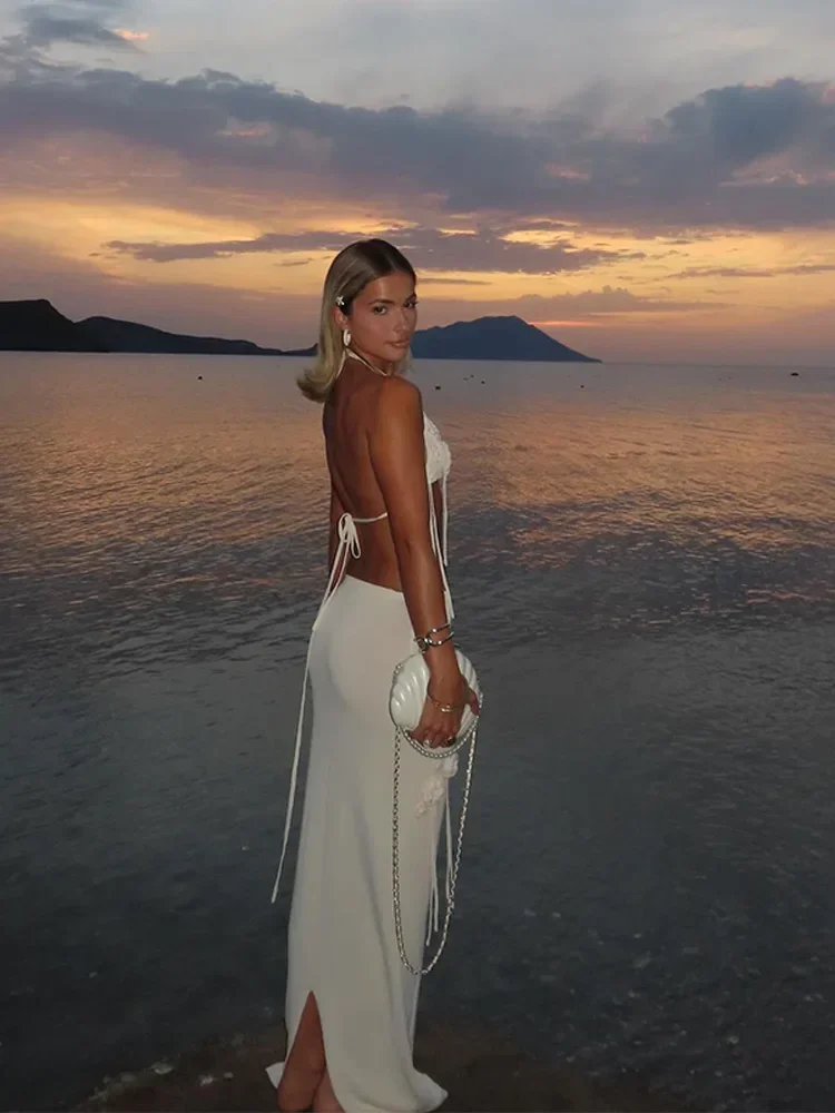 Sexy 3D floreale lavorato a maglia sottile Maxi gonna set donna moda Backless Halter Lace Up Crop Top abiti 2024 Summer Beach Party Outfits