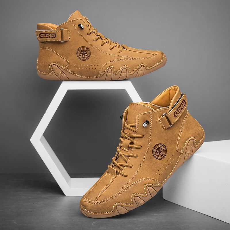 CLOHOO Men Boots Winter Warm Leather Casual Ankle Shoes New Luxury Comfortable Durable Round Toe Boots for Outdoor Activities