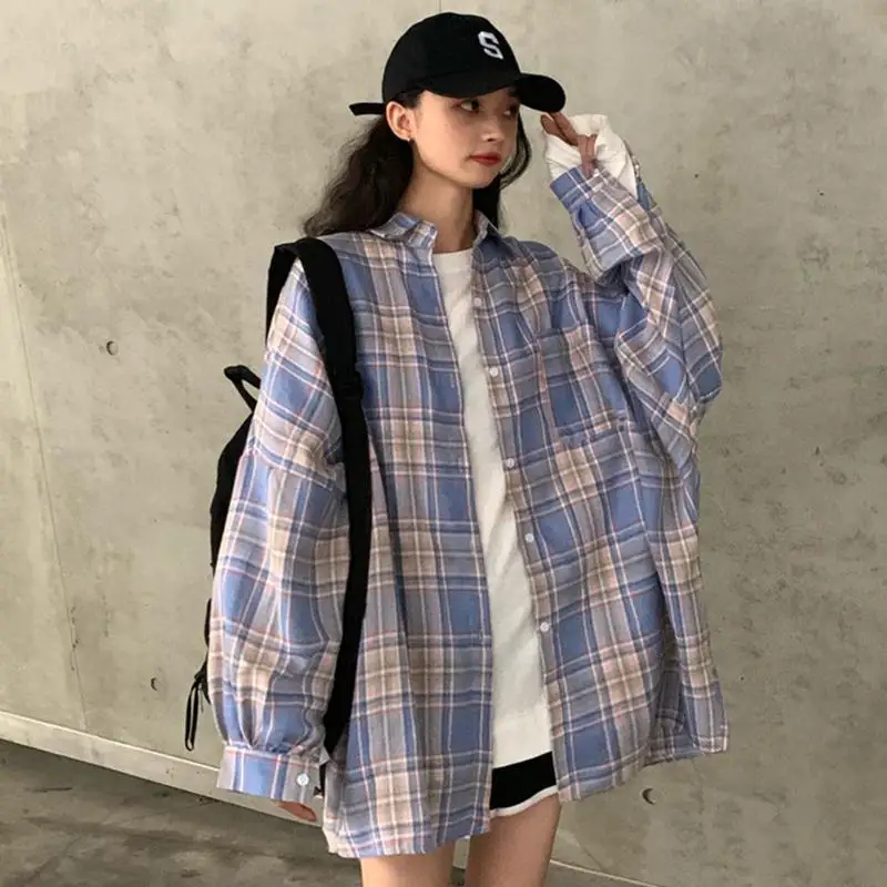 

2025 New Spring and Autumn Shirt Woman Korean Retro Japanese Style Plaid Shirt Women