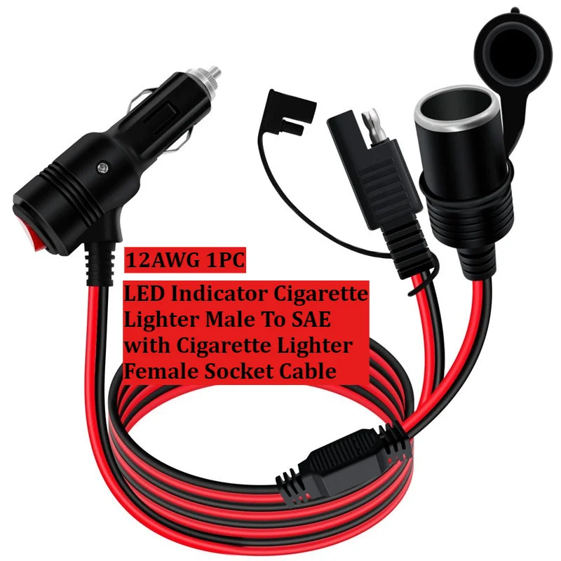 Heavy-Duty 12/14AWG LED Indicator Cigarette Lighter Male To SAE with Cigarette Lighter Female Socket Cable for RV Solar Panel
