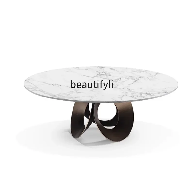

Light luxury rock slab multi-functional large round dining table and chair combination household inlaid turntable C56