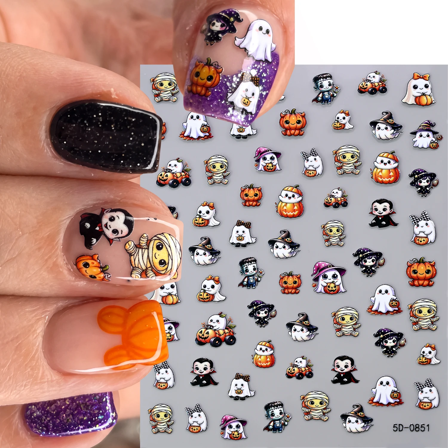 Nail Art Vampire - 1枚入りのかわいいハロウィンネイルアートステッカー 5Dカートゥーンゴースト・パンプキン・ミイラ・ヴァンパイア・魔女のネイルデカール DIYマニキュア ハロウィンパーティー用