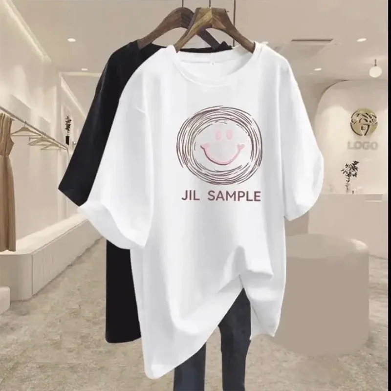 

Women's Clothing Chic Hand-Painted Smiling Face Top Tee Summer Casual Loose O-neck Short Sleeve T-shirt Y2k Pure Cotton Pullover