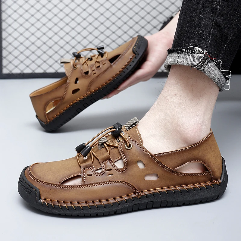 

Мужские летние сандалии-баотоу — ручная работа, ажурные, дышащие, сабо для мужчин больших размеров, повседневная пляжная обувь