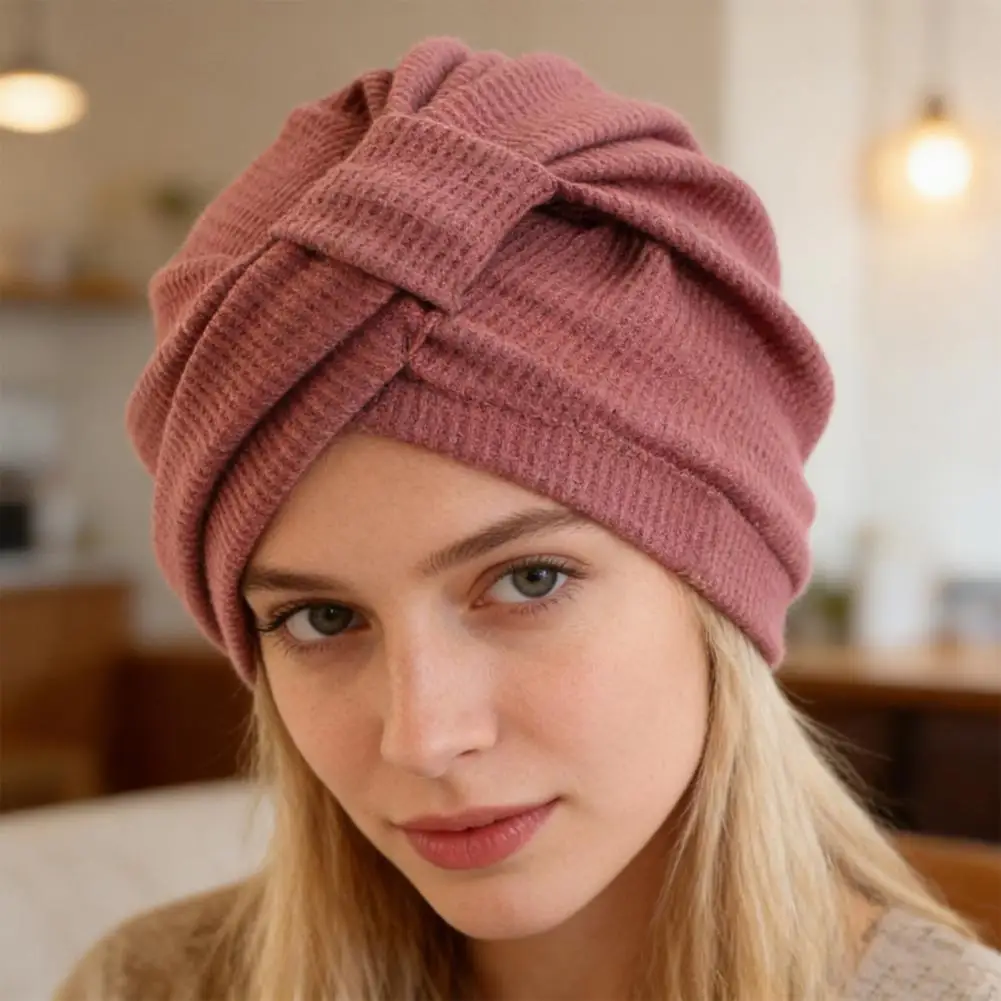 Turban Hat Solid Color Elastic Knotted Design Head Wrap Thickened Waffle Texture India Ethnic Style Casual Turban Hat Headwear