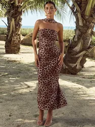 Hugcitar Fashion Leopard Print Halter Sleeveless Backless Slit Sexy Bodycon Maxi Dress Summer Women New Outfits Vacation Club