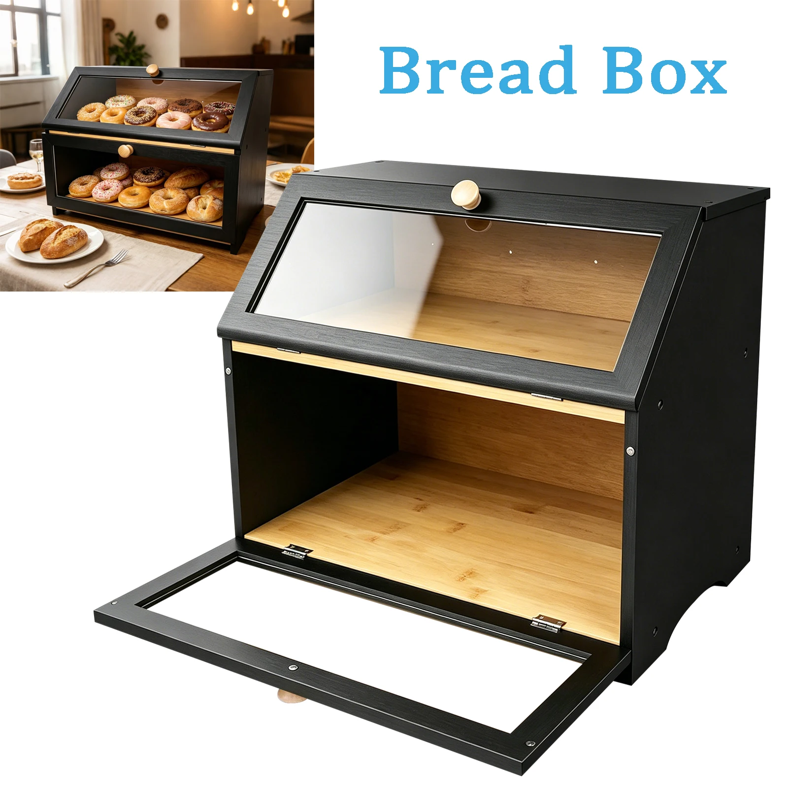Huche à pain bambou noire deux étages ventilée conserve pain frais rangement cuisine écologique couvercle plan de travail pour pain viennoiserie maison usage quotidien 39x25x32cm