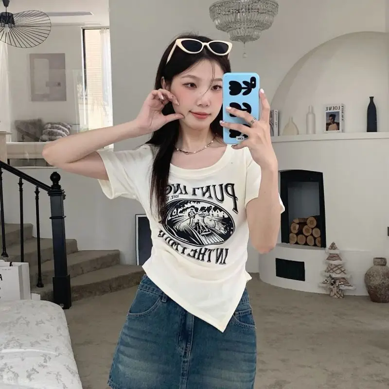 Women Summer Vintage Printing White Loose O-neck Short Sleeve Tee Shirt Women Clothing Korean Trend Letter Black Beach Top Tee