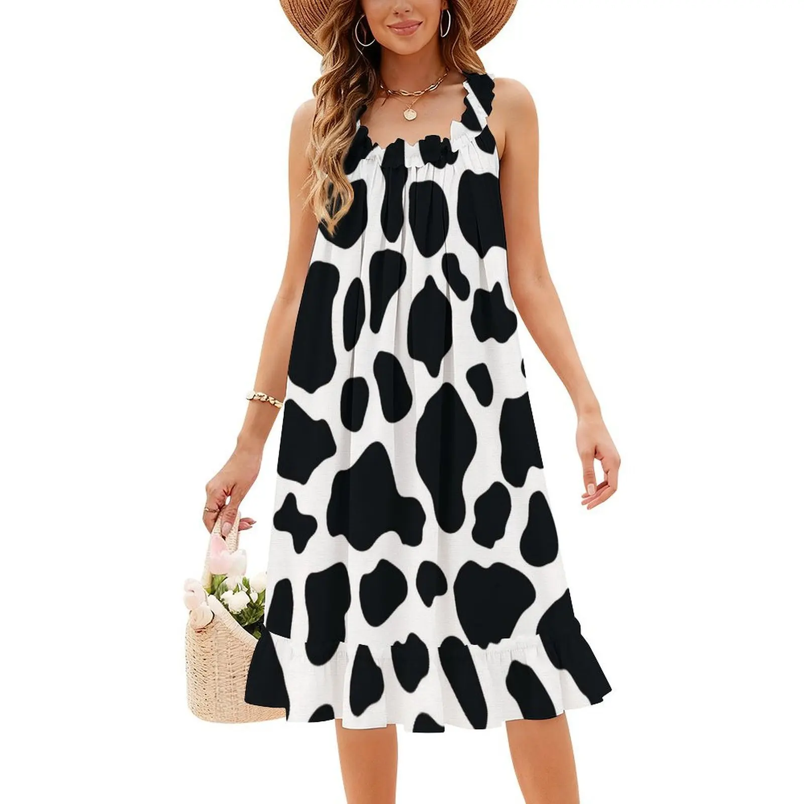 Cow Print Korean Style Casual Dress For Women Simple Daily Office Lady Dresses Cow Cow Spots Cow Pattern Black And Women's Dress
