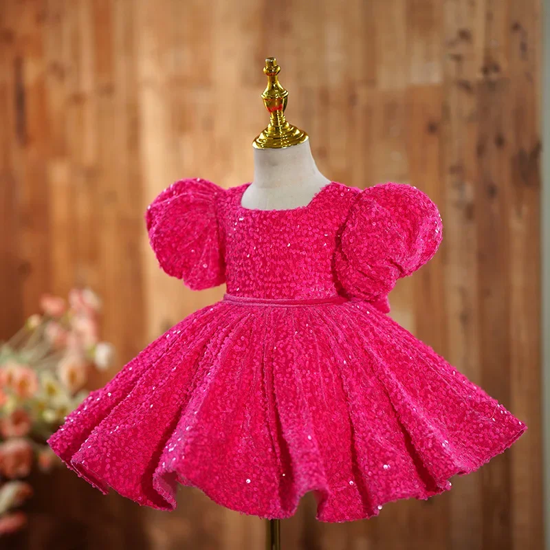 Customized Sequined Puff Sleeve Ball Gown Robe Slim Waist Design Pleated Flower Girls Dresses O-neck Kids Birthday Party Dress