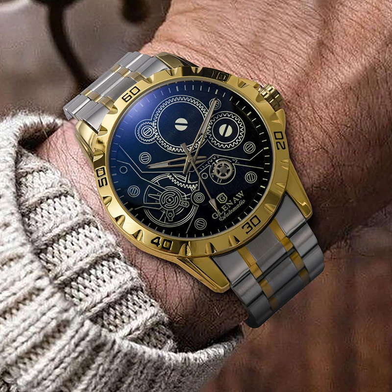 GLEAW estilo esportivo relógio mecânico totalmente automático minimalista padrão de grão de trigo design popular versátil relógio à prova d'água