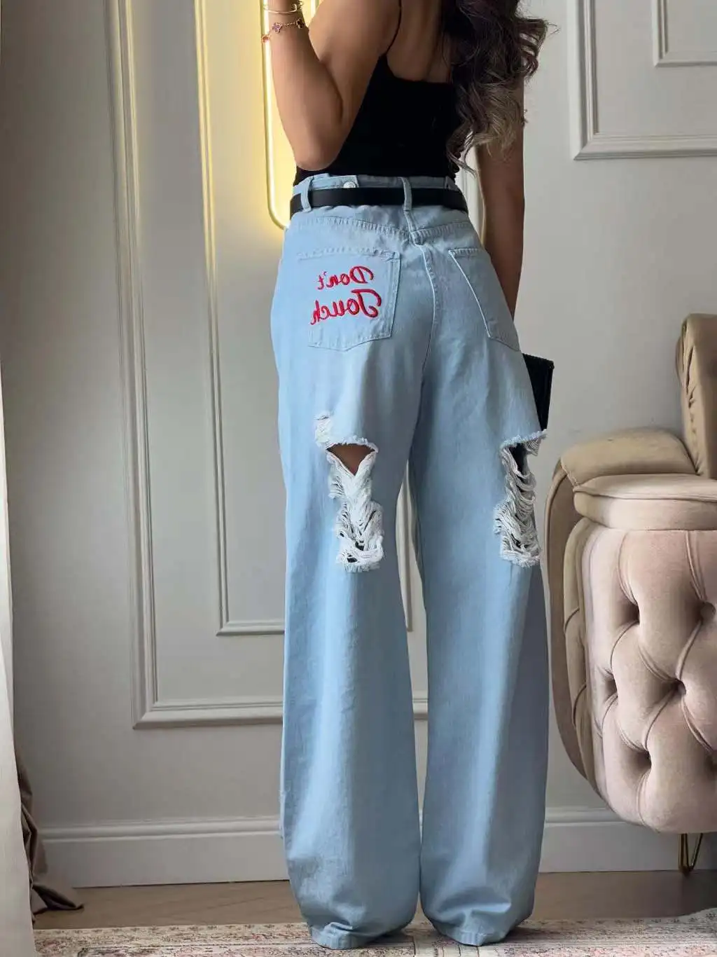 Y2K American light blue letter embroidery women's ripped frayed loose jeans washed retro high waist street casual wide leg jeans