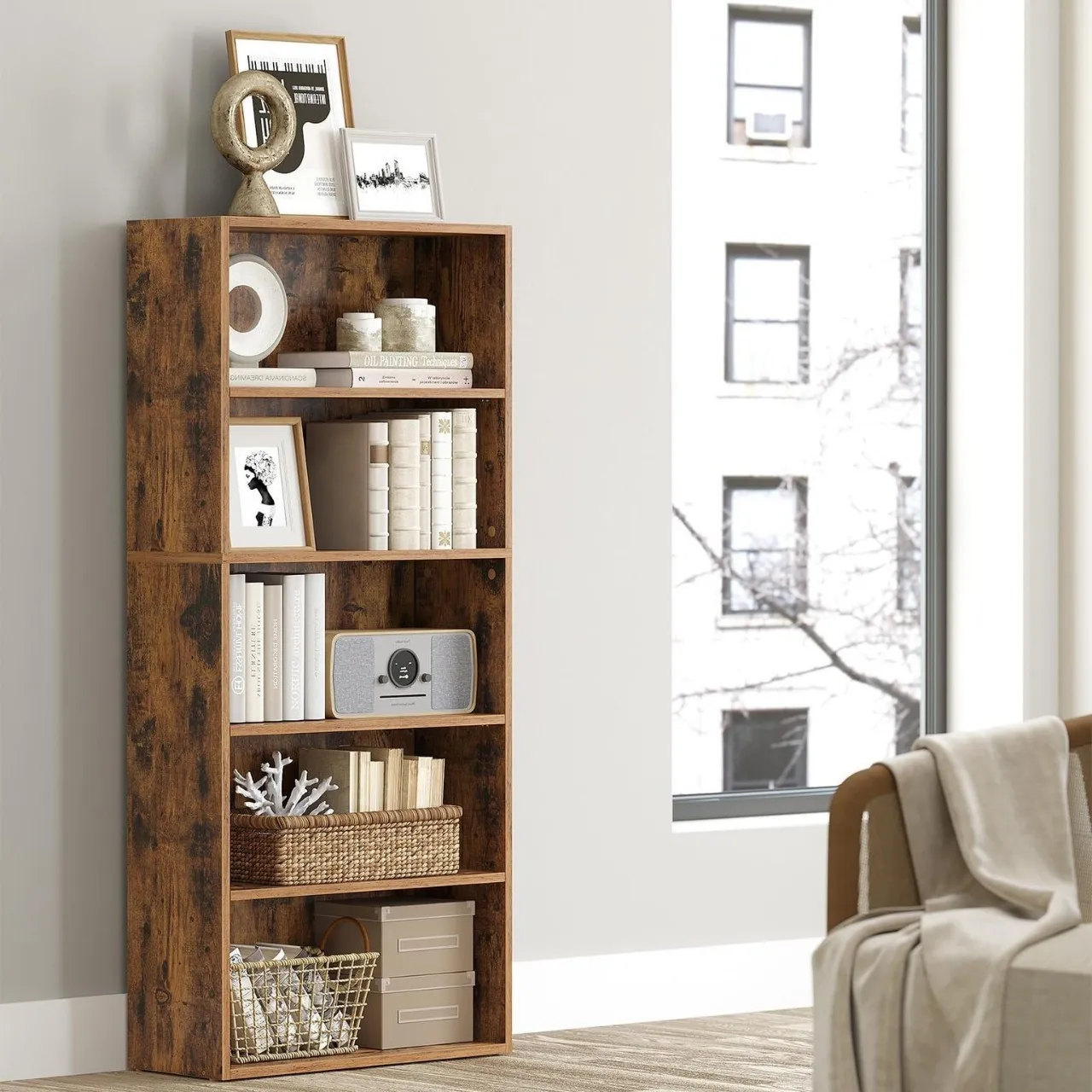 Amazon interior living room against the wall, floor-to-ceiling book and magazine storage cabinets, bedroom and study open