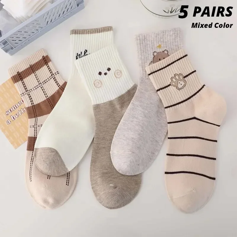 5 Pairs Women\'s Mid-Tube Socks Cartton Autumn Winter Breathable Comfortable Sport Sweat Absorbent Sock