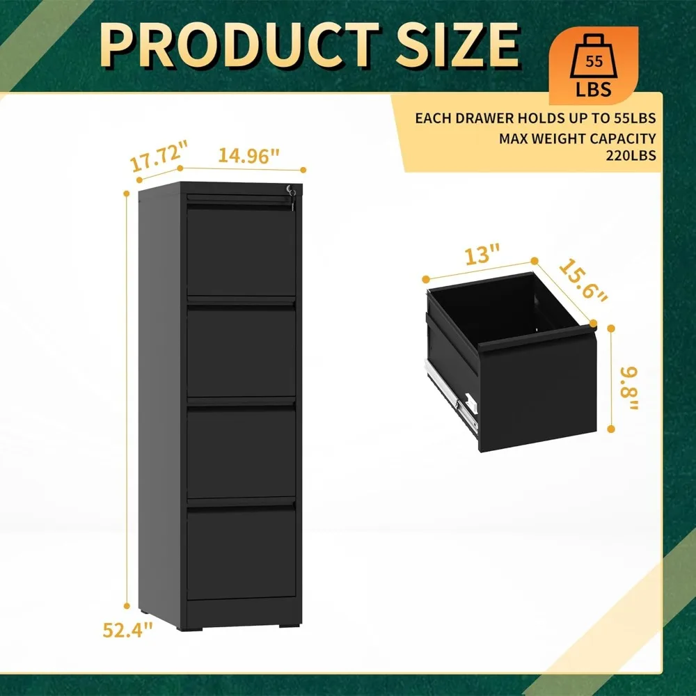 Archivador vertical de acero resistente con cerradura, archivador de 4 cajones para oficina en casa, adecuado para cartas y documentos jurídicos