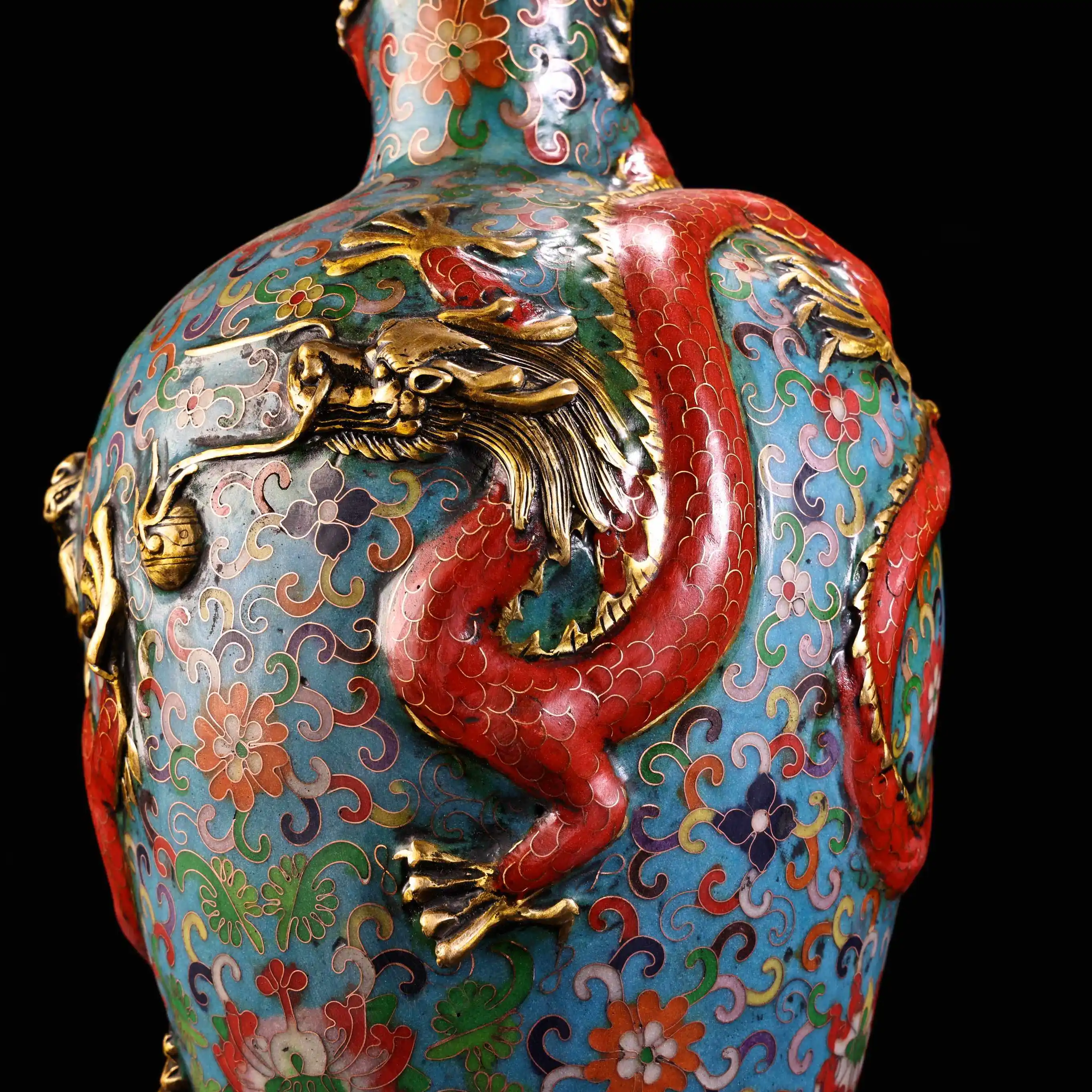 Vintage Chinese Cloisonne Enamel Vase with Coiled Dragon Gilt Heavy Patina Exquisite Craft