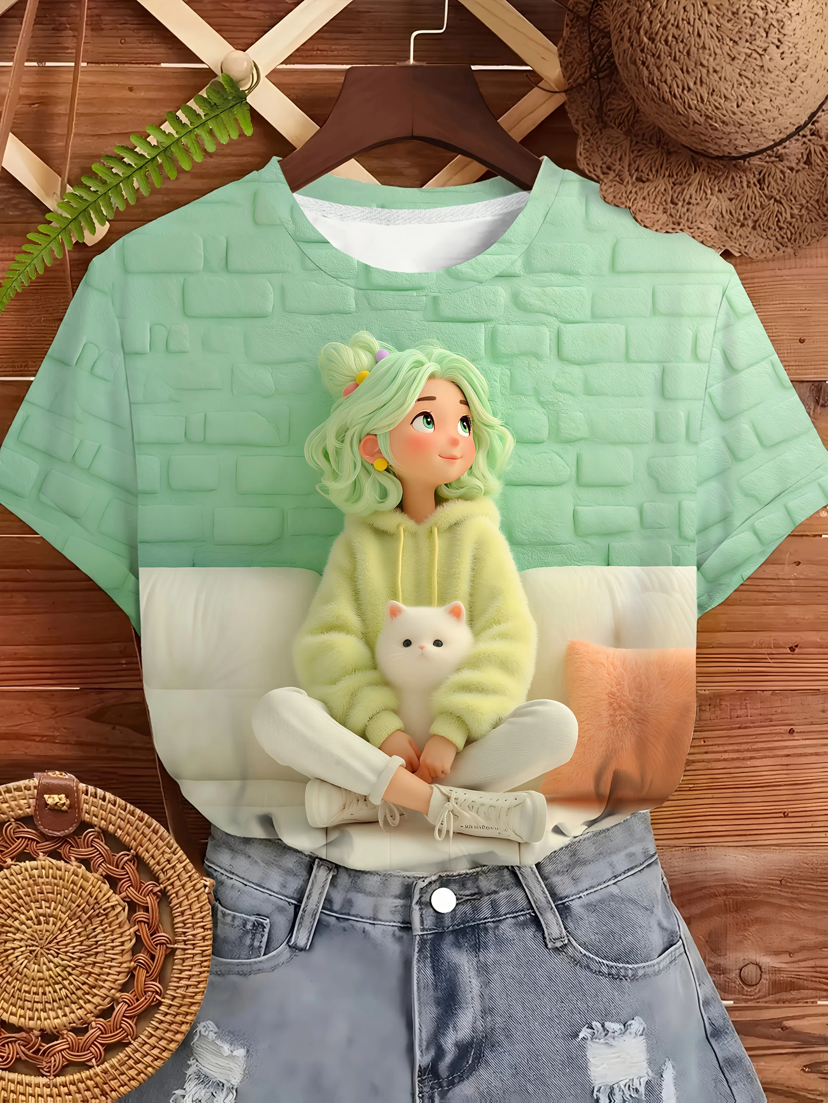 Women Crew Neck Short Sleeve T‑Shirt, 3D Clay Style Green Hair Girl Holding White Cat Brick Wall Background Graphic Casual Tee