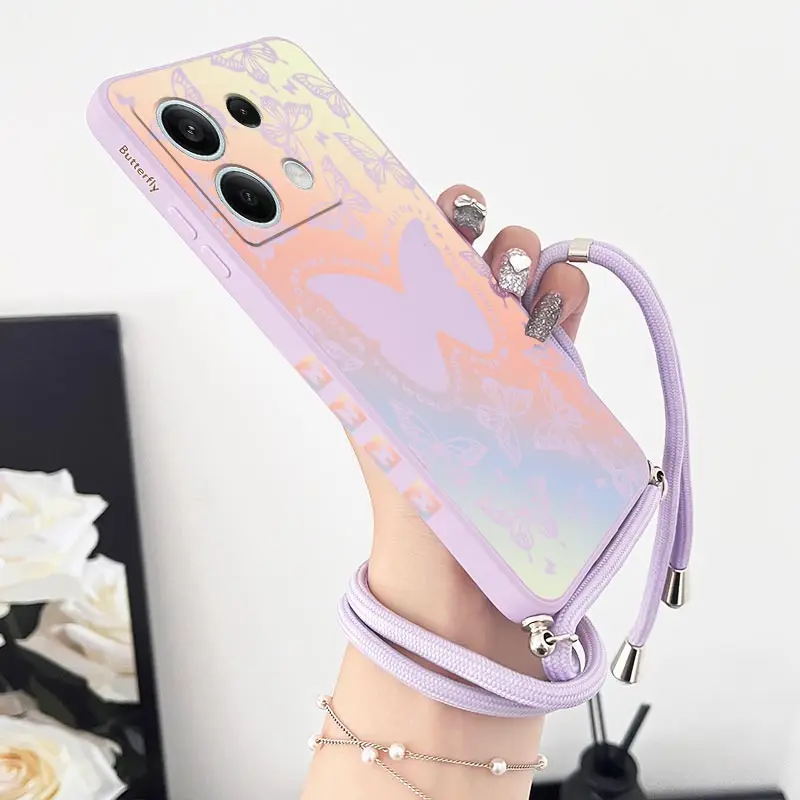 Note13 Auroral Butterfly Lanyard Silicone Phone Case For Xiaomi Redmi Note 13 13ProPlus 13R 13Pro 11T 12Pro 11S 12S 12 10S Cover