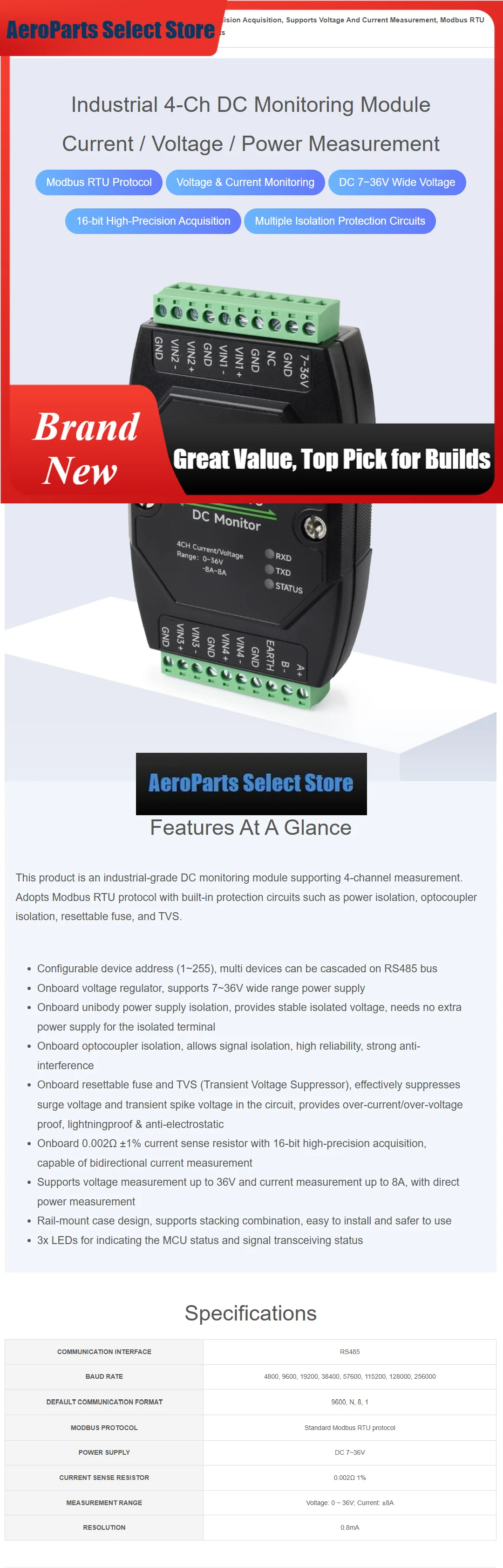 AeroPartsWaveshare 4CH Industrial DC Measurement Board, 16Bit Resolution, Voltage And Current Input, Supports Modbus RTU
