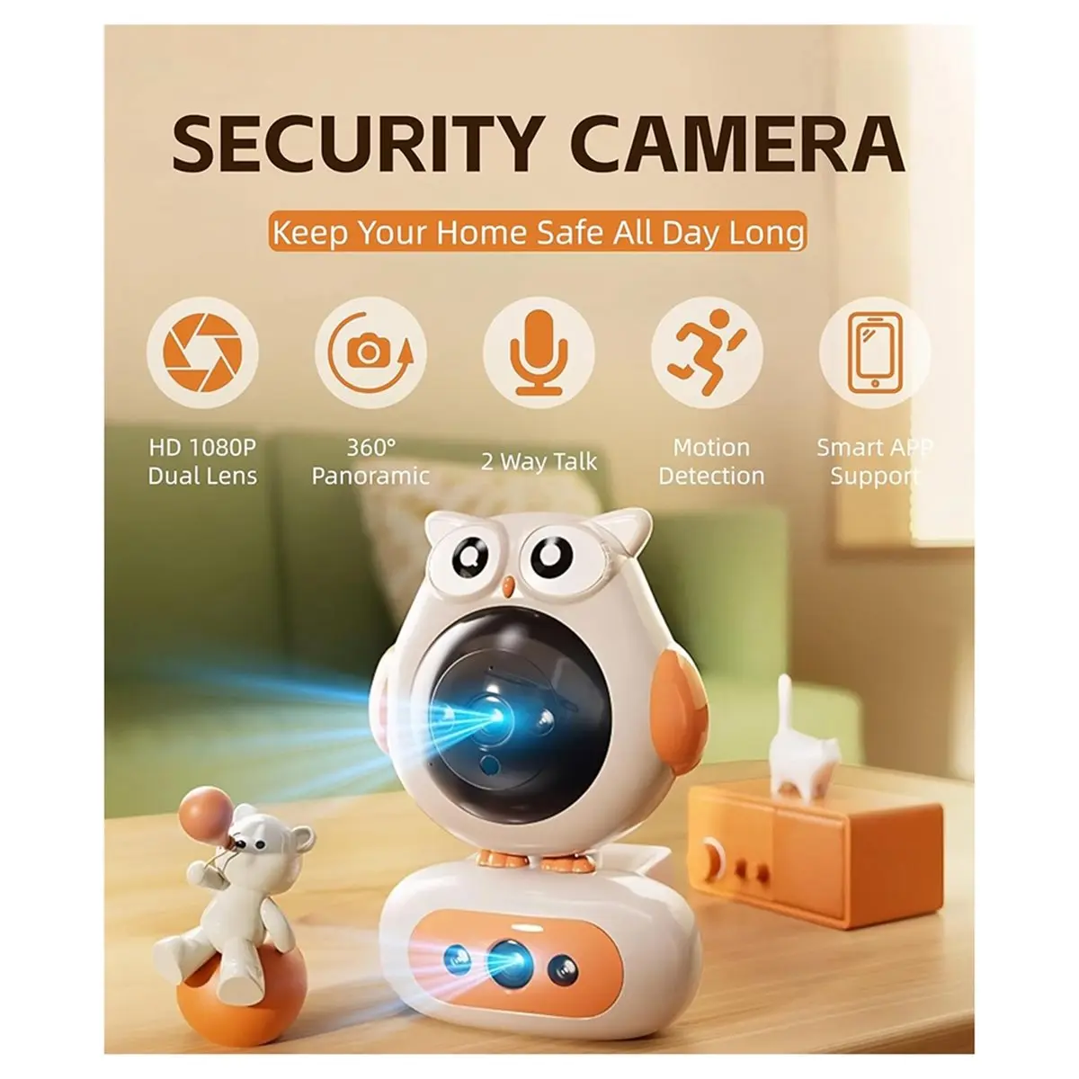 ABZJ Home Security Camera, 1080P Dual Lens Baby Pet Monitor, Wifi Security Cam, 360 Degree Panoramic View, APP Control