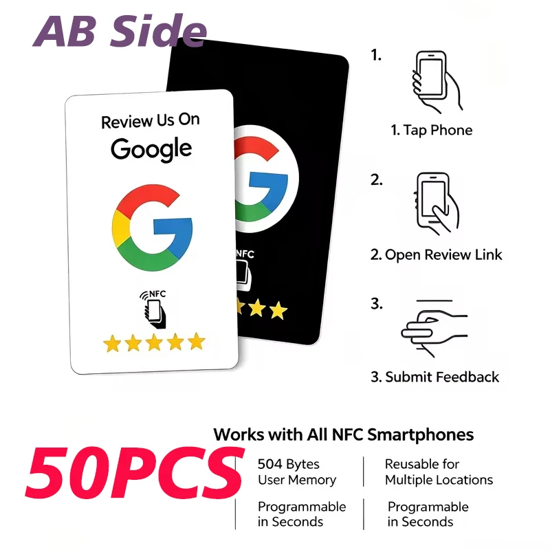 Programmable NFC Tap Card RFID Card Front Back AB Side Reusable Google Review Tap NFC Card User‑Friendly Enhances SEO Save Time