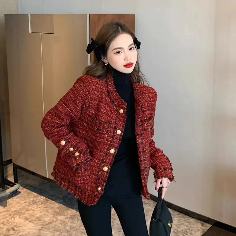 vVintage 2023 Autumn High end Temperament Red Fragrant Coat Women\'s Short Thick Tweed Fashion Women Slim Thicken Short Jacket